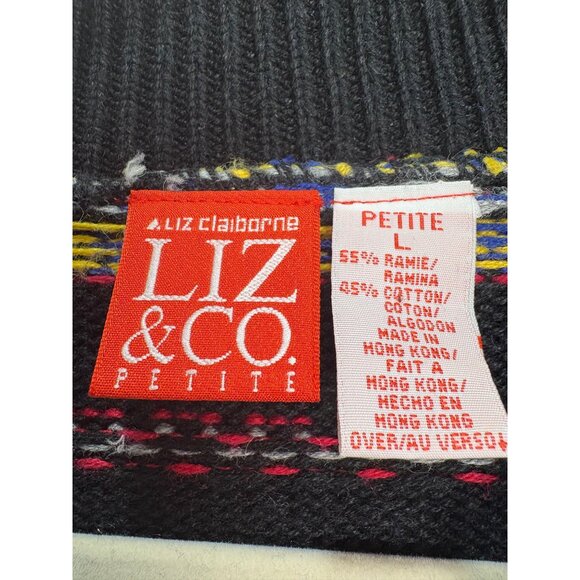 Liz Claiborne Liz&Co Bright Petite L Sweater Black Multicolor Geometric Striped - Picture 2 of 8